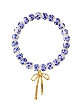 Cottage Blue Floral Bead Ceramic Bracelet with Gold Bow Charm